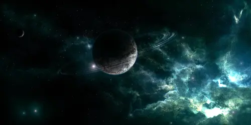 космос, вселенная, планета, звёзды, кольца, пространство, зелёные, серые